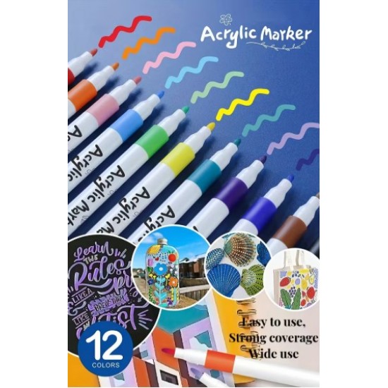 Acrylic markers,12 colors, quick-drying, with a rubber grip, suitable for all surfaces.